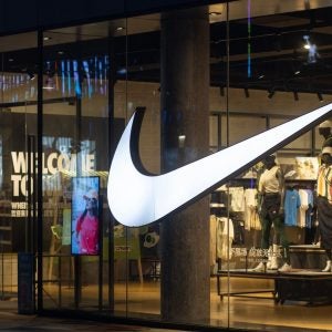 Exterior view of a Nike store in Ningbo, China, at night. Nike, Inc. is an American athletic footwear and apparel company headquartered in Beaverton, Oregon.