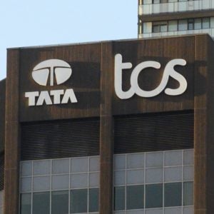 View at the logo of TATA Consulting Services Company sign