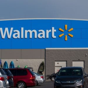 Exterior view of Walmart storefront.