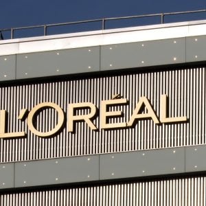 L'OREAL logo on the facade of L'Oreal Poland, French personal care products and cosmetics manufacturer,